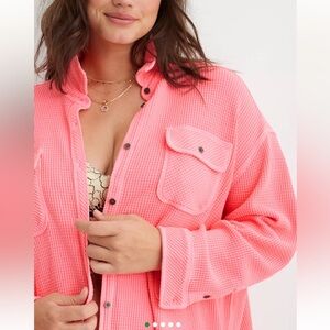 aerie Lumber Jane Waffle-Knit Button-Up Shirt in Hot Pink Size Medium